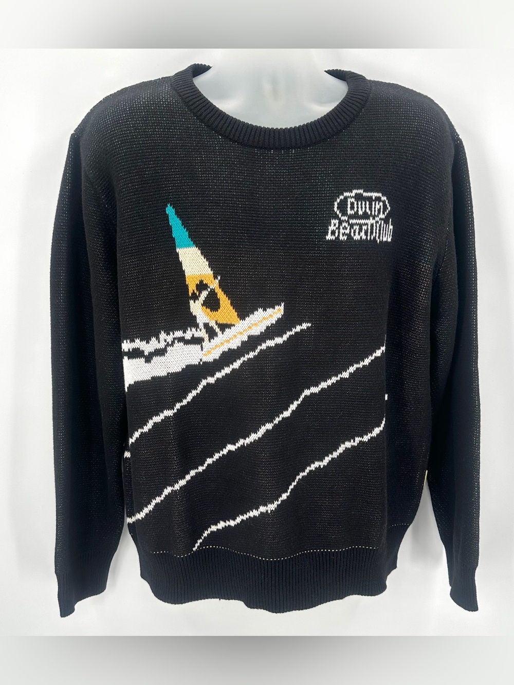 Duvin Beach Club Knit Sweater Windsurf Crew Mens L Black Cotton Unisex TAGS